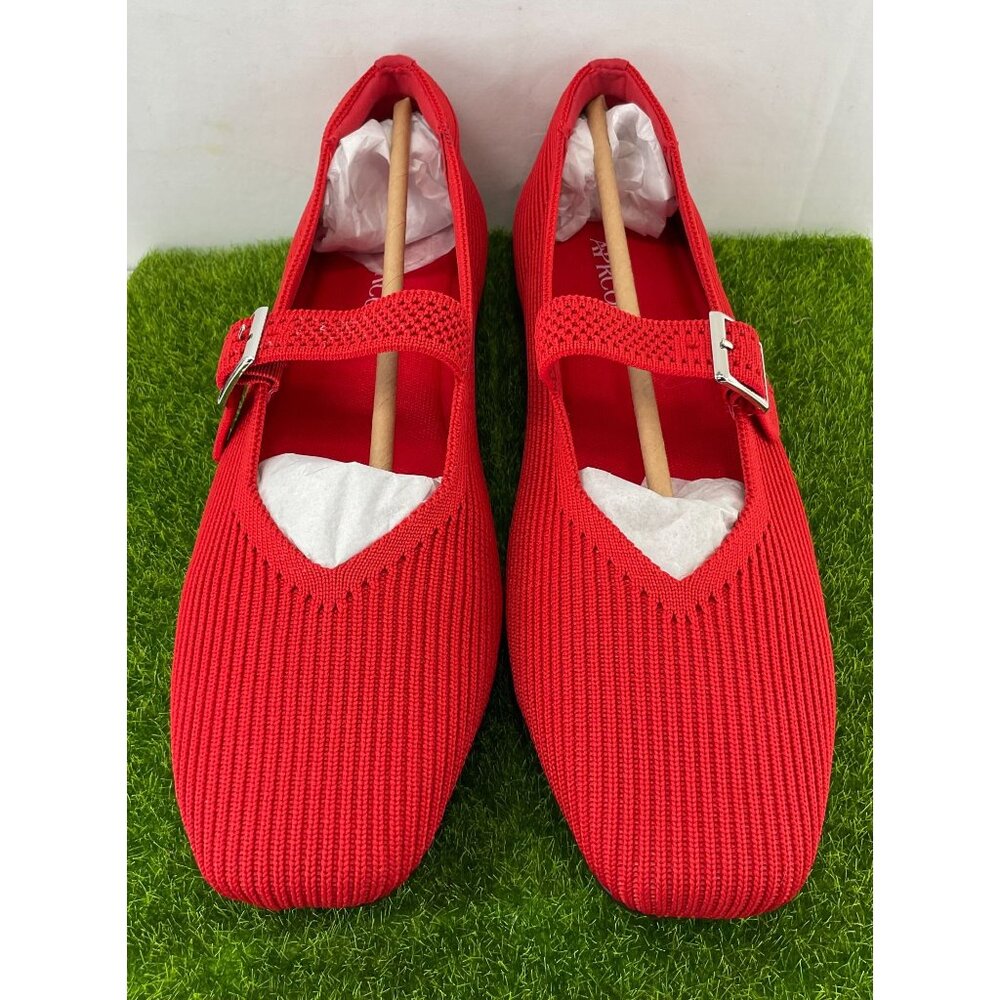 Red Mary Jane Style Knit Flats With Adjustable Buckle Strap
